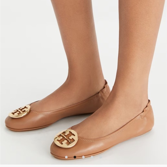 NIB Tory Burch MINNIE TRAVEL LEATHER BALLET Flat Shoe Royal Tan Gold 8 - Picture 1 of 10